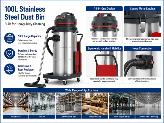 ZY-G3 industrial vacuum cleaner 100L stainless steel dust bin introduction, 1.2mm thick rust resistant tank, integrated design, metal latches, ergonomic handle and multi industrial application scenes