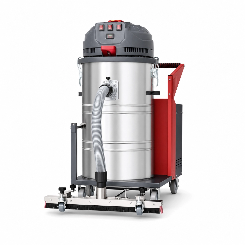 ZY-G3 industrial vacuum cleaner angled side view with floor suction head, 100L stainless steel tank and control panel