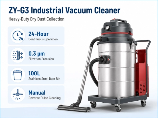 ZY-G3 heavy duty dry industrial vacuum cleaner main product picture, support 24h continuous work, 0.3μm HEPA filtration, 100L stainless steel dust bin with manual reverse pulse cleaning