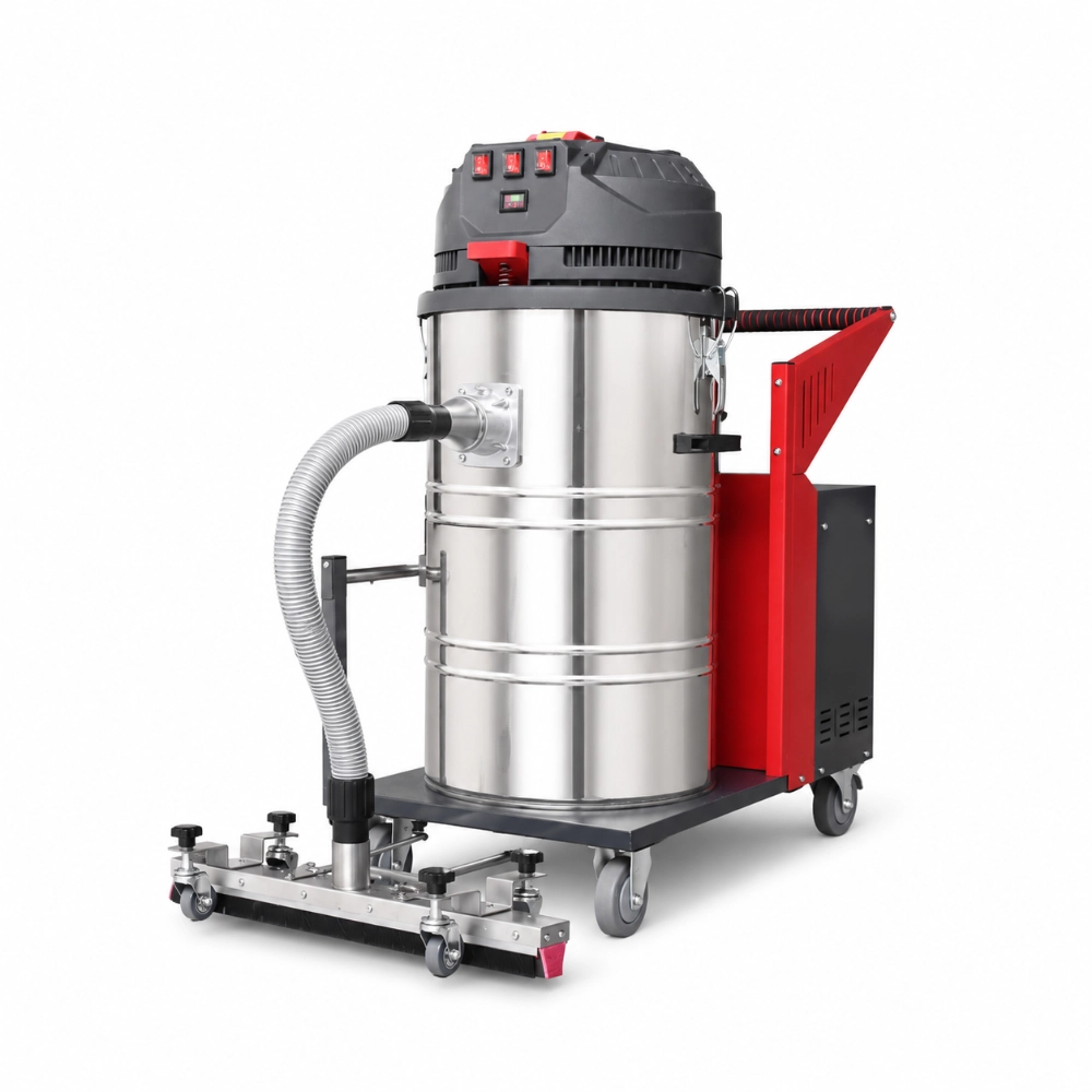 ZY-G3 industrial vacuum cleaner side view showing floor suction head, 100L stainless steel tank, and control panel