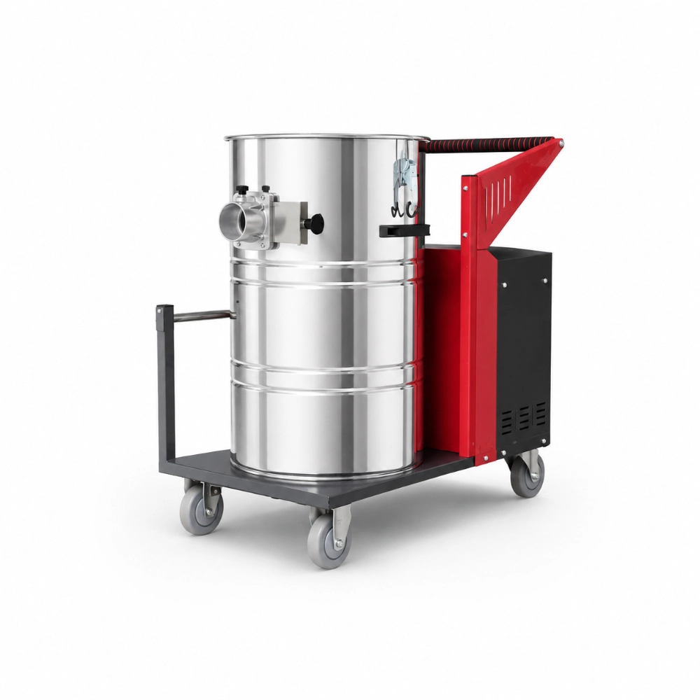 ZY-G3 industrial vacuum cleaner side view showing only 100L stainless steel tank with inlet port and wheeled cart