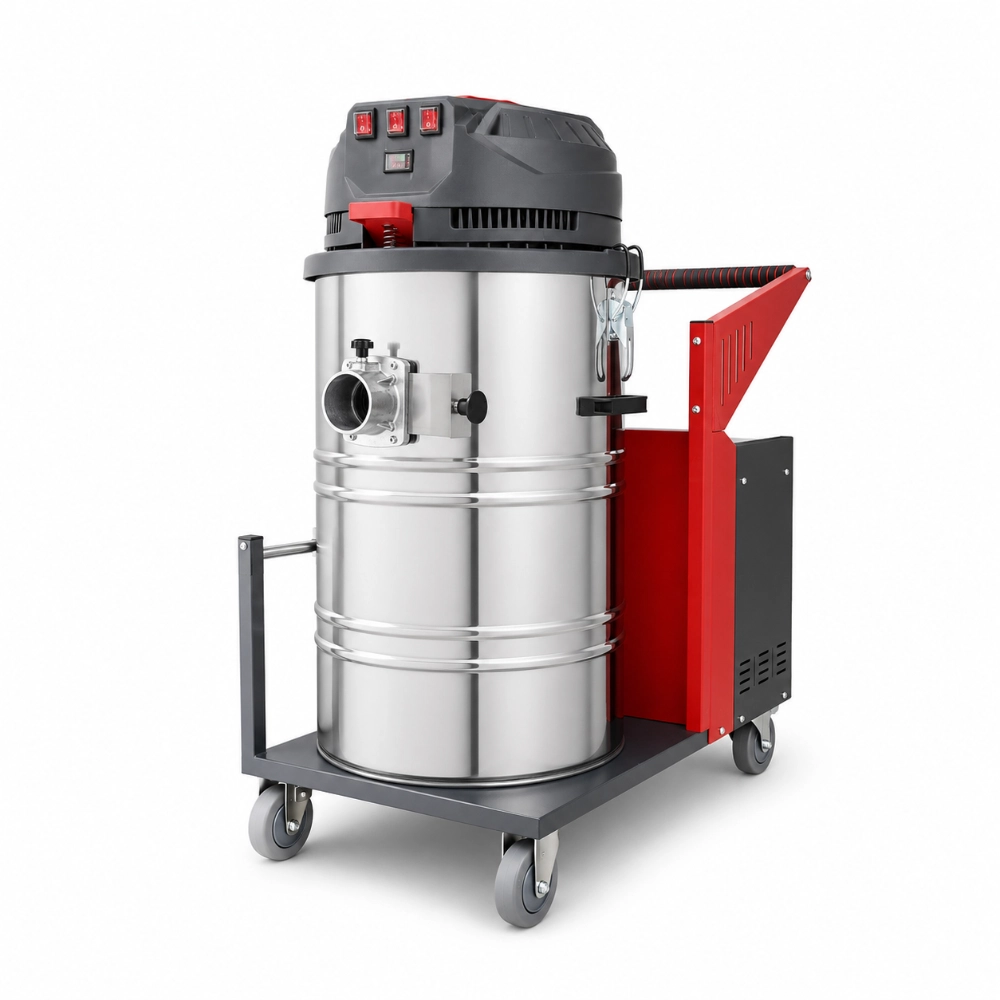 ZY-G3 industrial vacuum cleaner side view showing 100L stainless steel tank, inlet port, control panel and wheeled cart