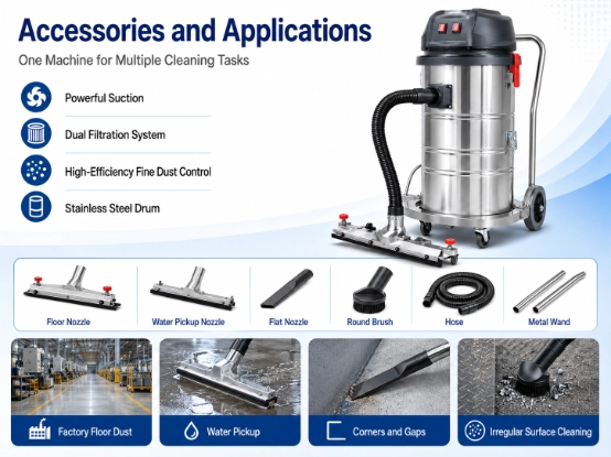 ZY-G4 industrial vacuum cleaner detail image 5, complete accessory kits and multi-scene applications, dual filtration stainless steel dust tank for factory, wet water suction, corner gap cleaning