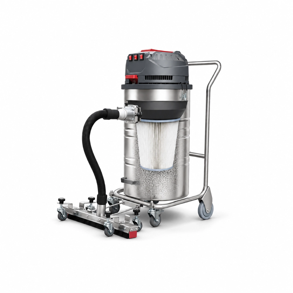 ZY-G4 industrial vacuum cleaner angled view showing internal HEPA filter, stainless steel drum, floor suction head and control panel