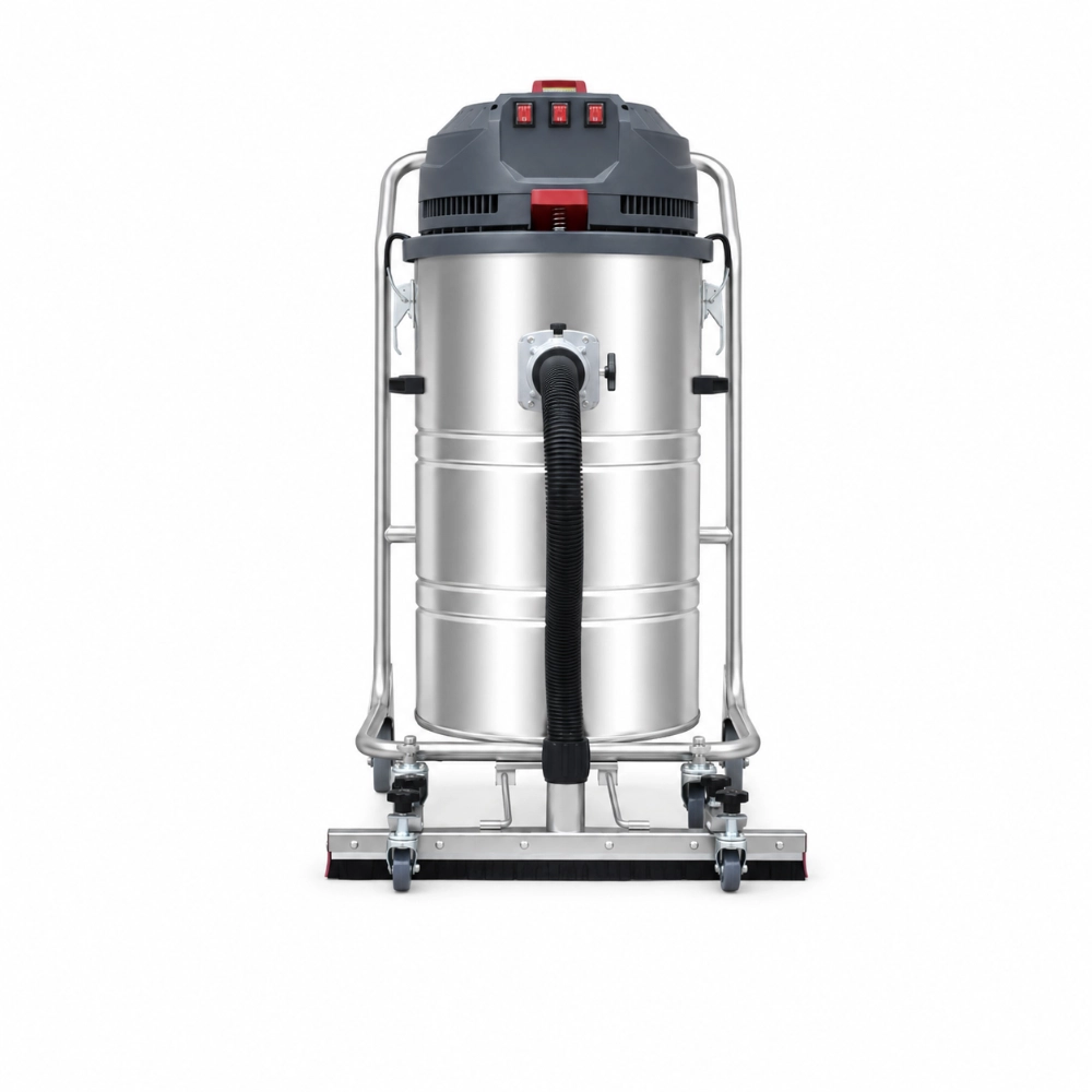 ZY-G4 industrial vacuum cleaner front view with floor suction head, stainless steel drum, hose connection and top control panel