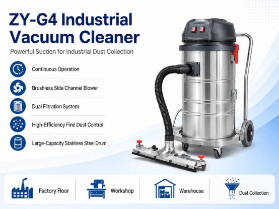 ZY-G4 industrial vacuum cleaner main banner, heavy duty dust collector with brushless blower, dual filtration, large stainless steel drum for factory workshop warehouse dust cleaning