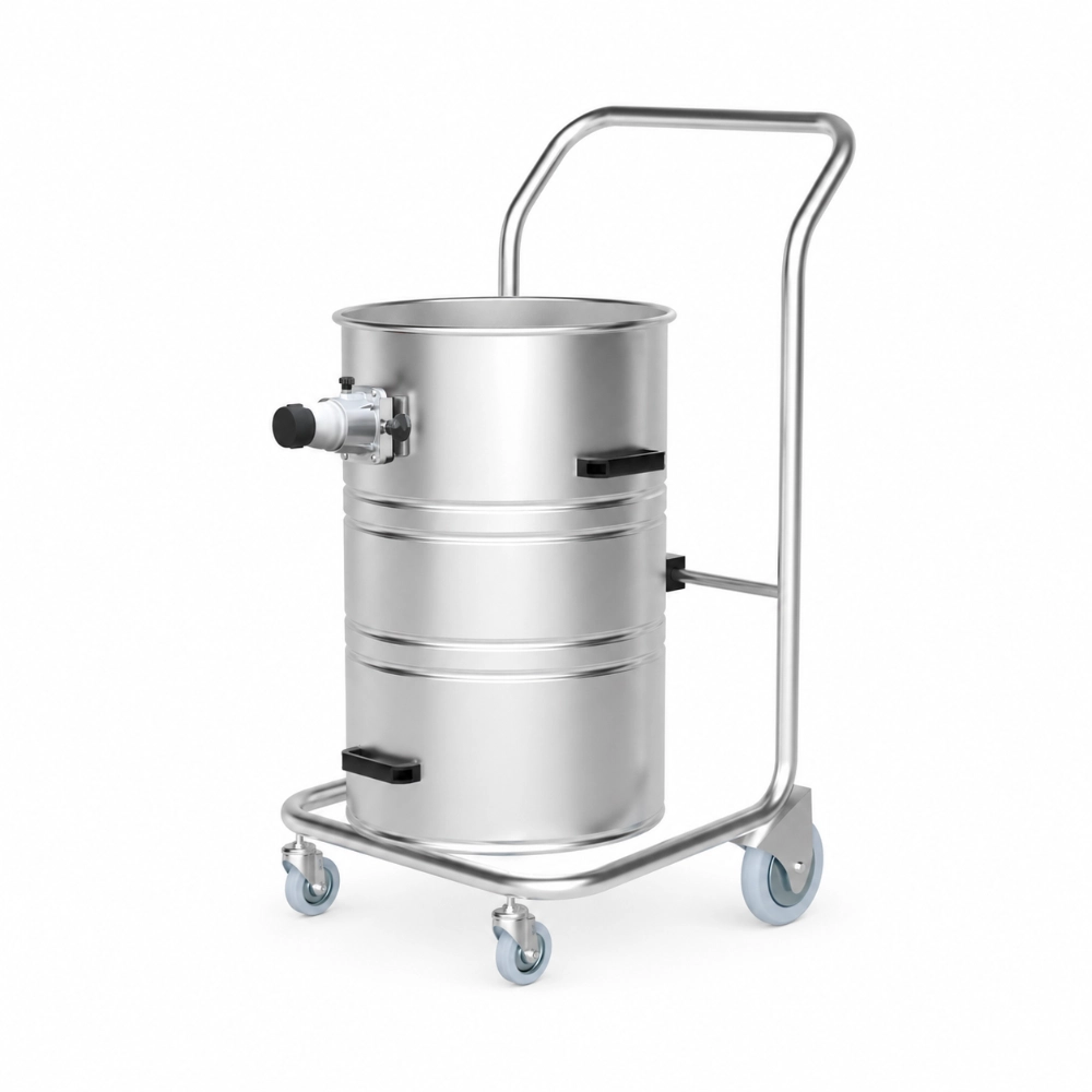 ZY-G4 industrial vacuum cleaner side view showing 100L stainless steel dust drum, inlet port, and heavy-duty wheeled cart