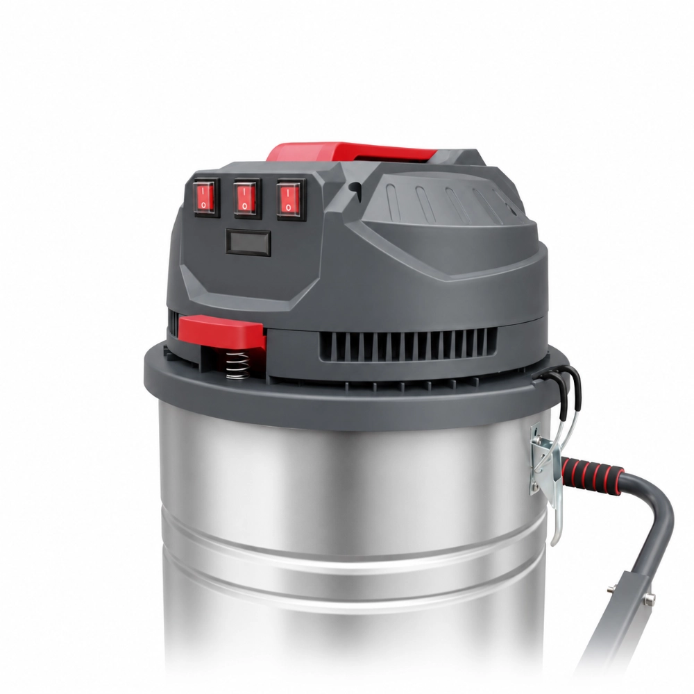 ZY-G4 industrial vacuum cleaner top view close-up showing control panel with switches, motor cover, and stainless steel drum