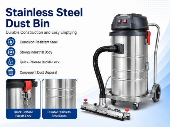 ZY-G4 industrial vacuum cleaner detail image 3, stainless steel dust bin with corrosion resistant body, quick release buckle lock for easy dust emptying, heavy duty industrial dust collector