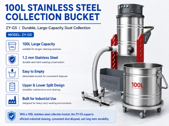 ZY-G5 industrial vacuum cleaner detail image 2, 100L large capacity 1.2mm stainless steel collection bucket, split detachable dust barrel for heavy industrial workshop wet dry dust collection