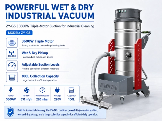 ZY-G5 industrial vacuum cleaner detail image 5, 3600W triple motor powerful wet dry vacuum, 220mbar vacuum pressure, 100L large tank heavy-duty industrial dust cleaning machine
