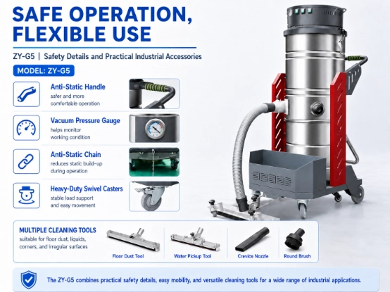 ZY-G5 industrial vacuum cleaner detail image 1, safe operation design with anti-static handle, pressure gauge, anti-static chain, heavy-duty casters and full set multi-scene cleaning accessories for factory workshop dust cleaning