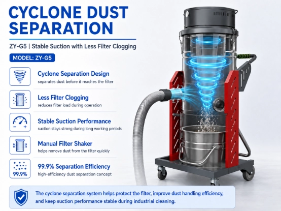 ZY-G5 industrial vacuum cleaner detail image 6, cyclone dust separation system with 99.9% separation efficiency, anti-clog filter, stable long-lasting suction industrial wet dry dust collector