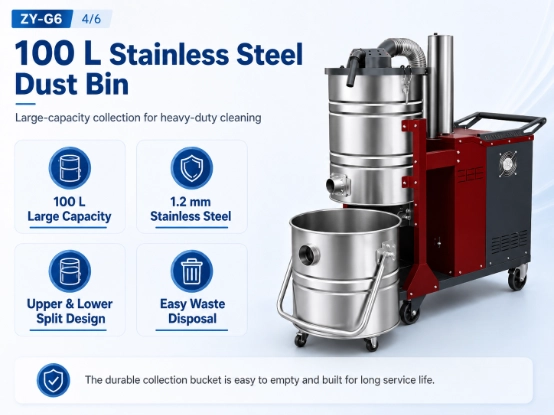 ZY-G6 industrial vacuum cleaner detail image 6, 100L large capacity split stainless steel dust bin with 1.2mm thick steel, easy waste removal design for heavy duty industrial dust collection