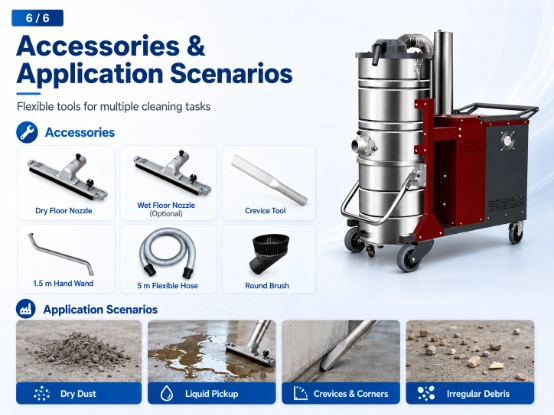 ZY-G6 industrial vacuum cleaner detail image 3, complete cleaning accessories set including floor nozzle, crevice tool, hose and round brush, multi wet dry application scenarios for dust, liquid, debris and corner cleaning