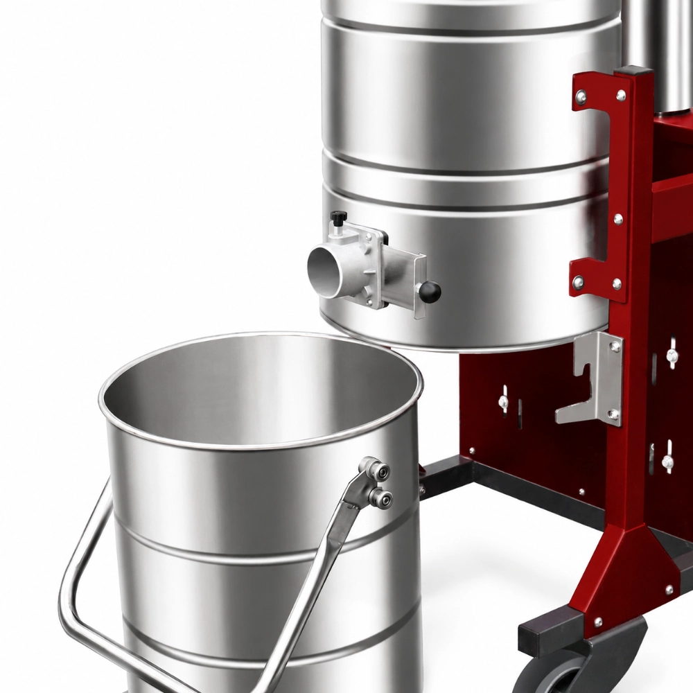 ZY-G6 manual back-flush industrial vacuum cleaner close-up of the detachable stainless steel dust bin and emptying mechanism