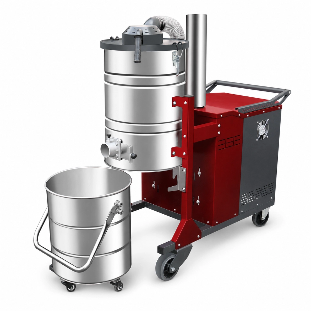 ZY-G6 manual back-flush industrial vacuum cleaner view showing detachable 100L stainless steel dust bin for easy emptying