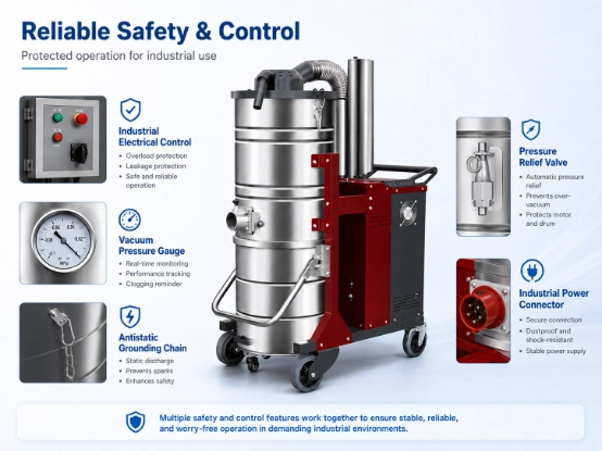 ZY-G6 industrial vacuum cleaner detail image 5, multi safety control system with electrical protection box, vacuum pressure gauge, pressure relief valve, antistatic grounding chain and industrial power connector for factory safe operation