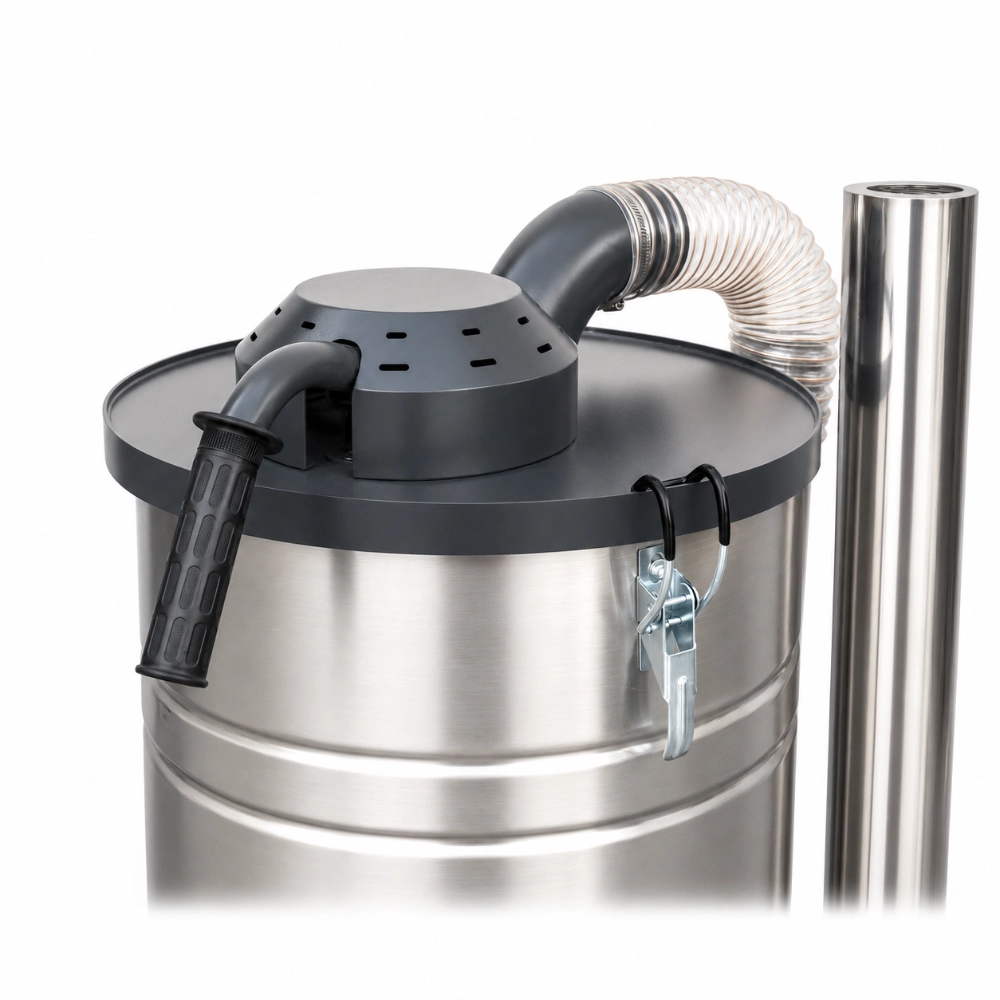ZY-G6 manual back-flush industrial vacuum cleaner close-up of the top filter housing, cleaning handle, and stainless steel dust bin lid