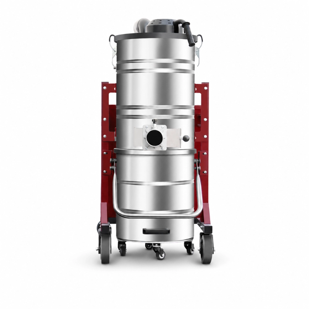 ZY-G6 manual back-flush industrial vacuum cleaner front view showing 100L stainless steel dust bin, inlet port, and heavy-duty wheeled base