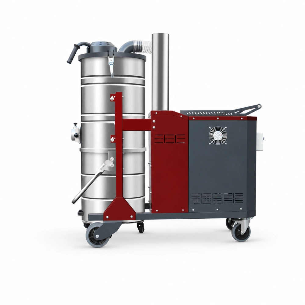 ZY-G6 manual back-flush industrial vacuum cleaner right side view showing blower unit, exhaust pipe, and stainless steel dust bin