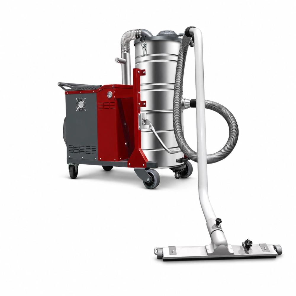 ZY-G6 manual back-flush industrial vacuum cleaner with floor cleaning nozzle, hose, and 100L stainless steel dust bin