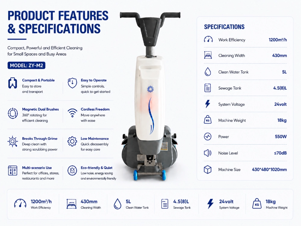 ZY-M2 walk-behind floor scrubber specifications and features, compact commercial cleaning machine