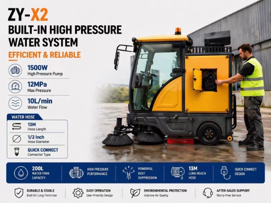 ZY-X2 fully enclosed ride-on industrial sweeper detail 5, built-in 1500W high pressure water cleaning system with 13m long quick connect hose, factory street washing sweeping machine