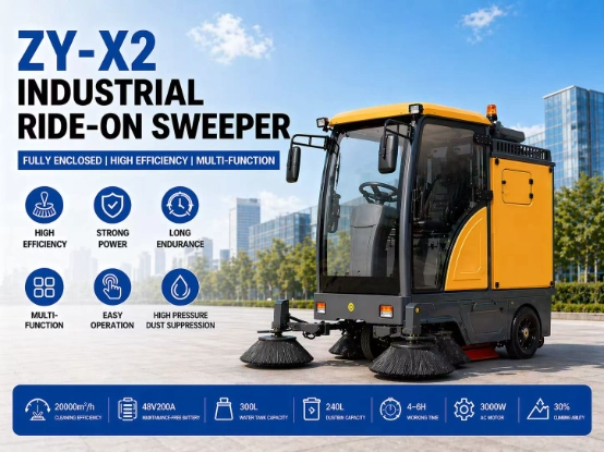 ZY-X2 fully enclosed ride-on industrial street sweeper detail 3, core advantages display including high efficiency, long endurance, multi-function, high pressure dust suppression, municipal factory cleaning vehicle