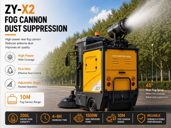 ZY-X2 fully enclosed ride-on industrial sweeper detail 4, rear fog cannon dust suppression system, 10m spray range dust control street cleaning vehicle for factory municipal use