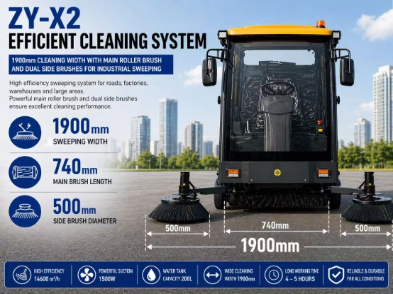 ZY-X2 fully enclosed ride-on road sweeper detail 1, 1900mm wide cleaning width with main roller brush and dual side brushes, industrial factory street cleaning equipment parameter poster