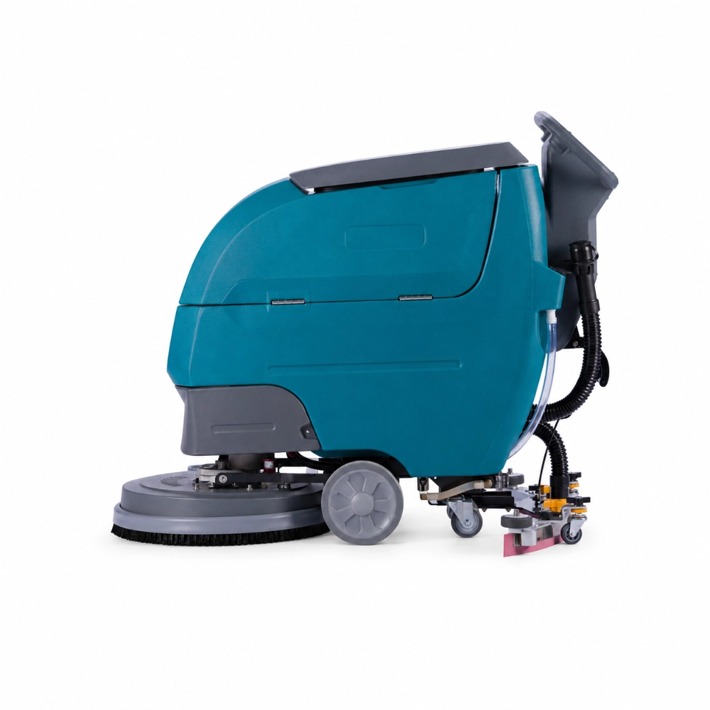 ZY-D3Z self-propelled walk-behind floor scrubber left side profile view, showing self-propelled drive, cleaning brush, and water recovery squeegee system for commercial industrial cleaning