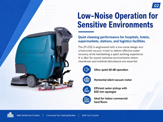 ZY-D3Z walk-behind floor scrubber low-noise features infographic, 68dB ultra-quiet operation, silent vacuum motor, 820mm squeegee for hospitals, hotels, supermarkets