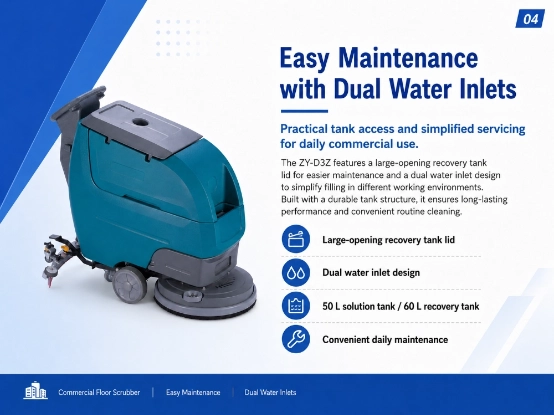 ZY-D3Z walk-behind floor scrubber maintenance infographic, dual water inlets, large-opening recovery tank, 50L solution tank, 60L recovery tank for convenient daily use