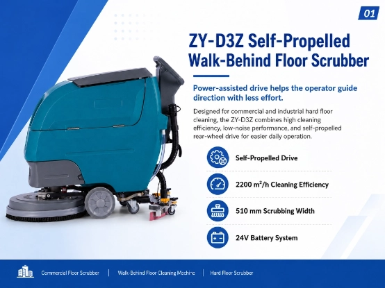 ZY-D3Z self-propelled walk-behind floor scrubber overview infographic, featuring self-propelled drive, 2200 m²/h cleaning efficiency, 510mm scrubbing width, and 24V battery system for commercial and industrial use