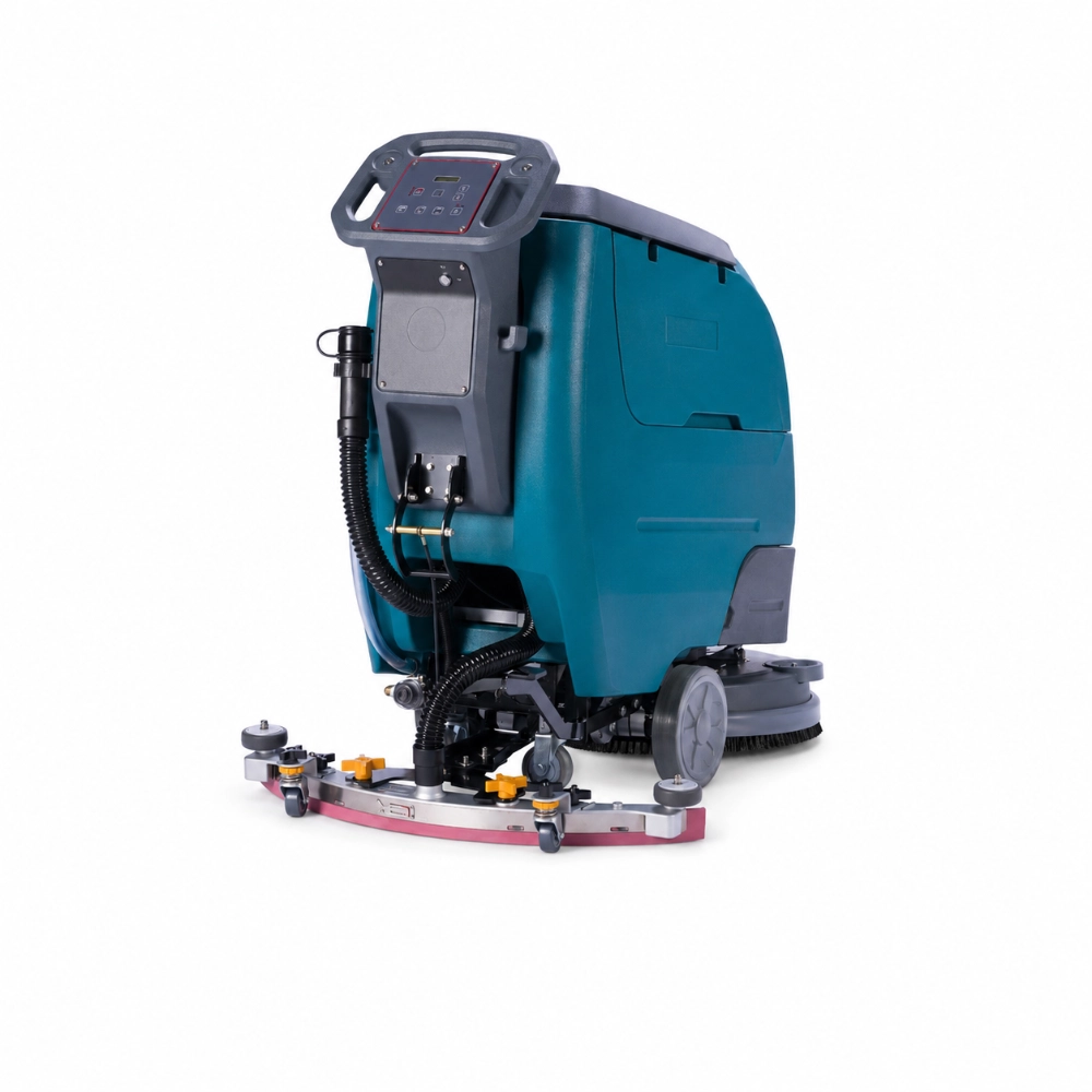 ZY-D3Z self-propelled walk-behind floor scrubber rear view showing control panel, handle, and high-efficiency squeegee system for commercial industrial cleaning