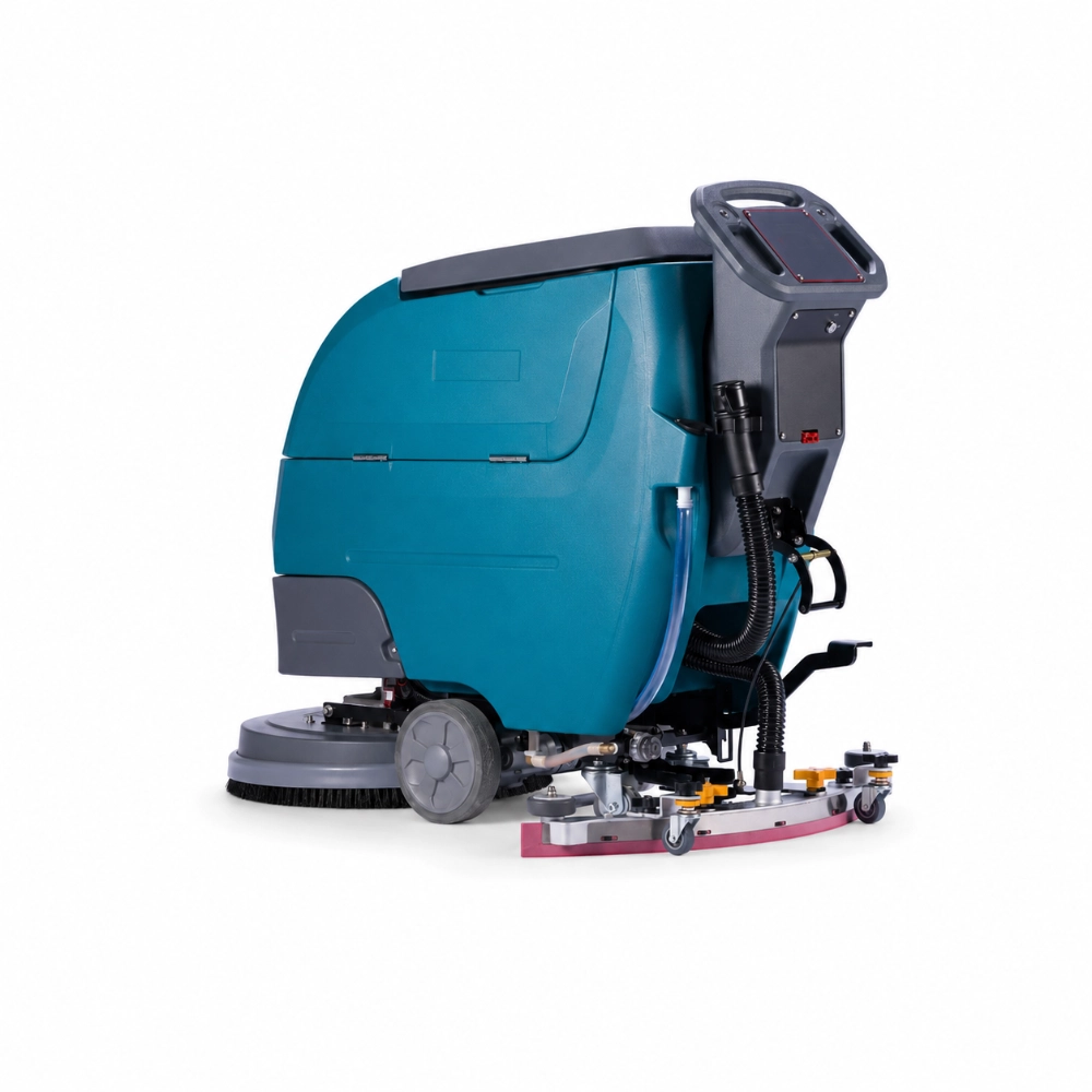 ZY-D3Z self-propelled walk-behind floor scrubber right side profile view, showing self-propelled drive, cleaning brush, and squeegee system for commercial and industrial hard floors