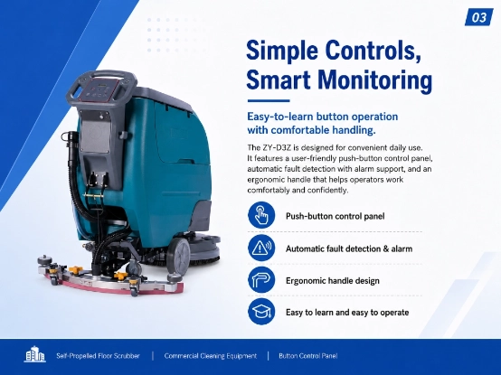 ZY-D3Z walk-behind floor scrubber controls infographic, push-button control panel, automatic fault detection, ergonomic handle design for easy operation