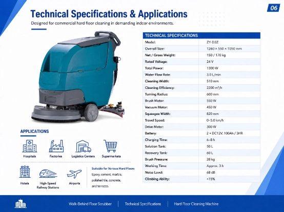 ZY-D3Z walk-behind floor scrubber technical specifications sheet, 2200 m²/h efficiency, 510mm cleaning width, 24V battery, applications for hospitals, factories, logistics centers, supermarkets