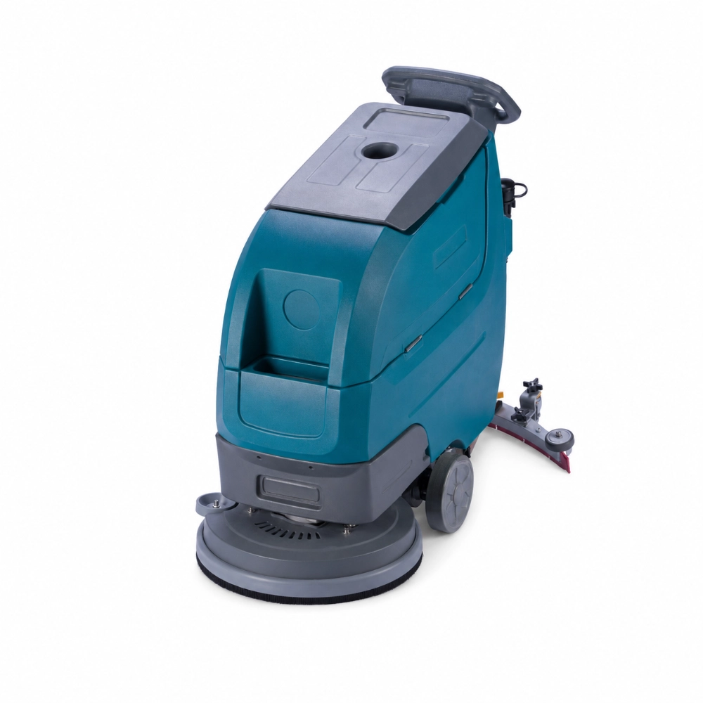 ZY-D3Z self-propelled walk-behind floor scrubber top front oblique view, commercial industrial floor cleaning machine showing brush assembly and squeegee system