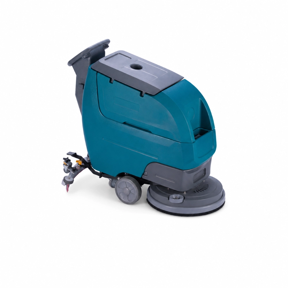 ZY-D3Z self-propelled walk-behind floor scrubber top rear oblique view, showing tank cover, handle, cleaning brush, and squeegee system for commercial and industrial use