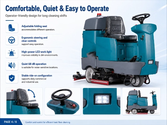 ZY-D8G ride-on floor scrubber sweeper infographic, adjustable folding seat, ergonomic steering controls, LED work light, quiet 68dB operation, stable ride-on design