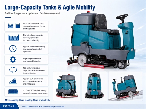 ZY-D8G ride-on floor scrubber sweeper infographic, large 120L/140L tanks, 4-hour runtime, high-torque drive, 100cm turning radius, 20% gradeability