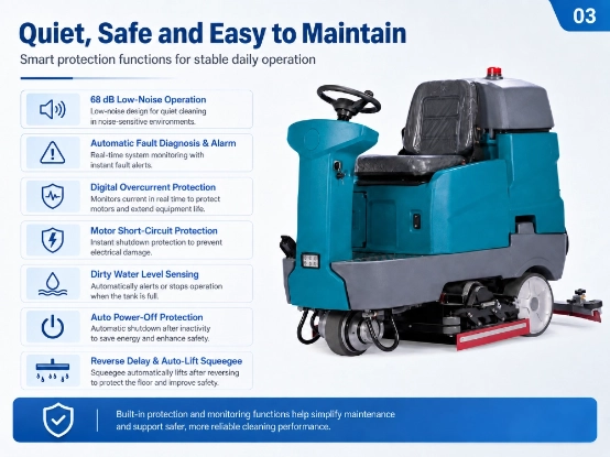 ZY-D8G ride-on floor scrubber sweeper infographic, safety and maintenance features: 68dB low noise, fault diagnosis, overcurrent protection, short-circuit protection, water level sensing, auto power-off, auto-lift squeegee