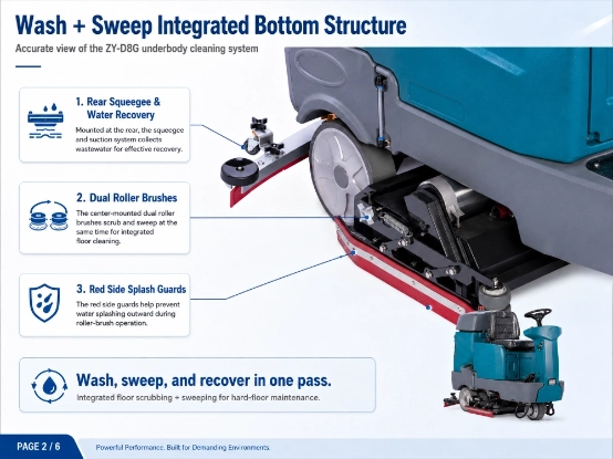 ZY-D8G ride-on floor scrubber sweeper infographic, integrated wash and sweep underbody structure with rear squeegee, dual roller brushes, and splash guards