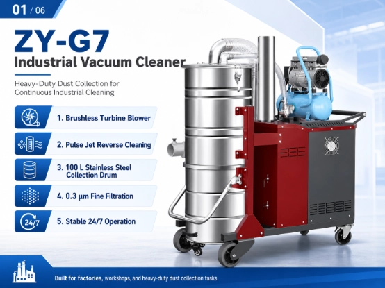 ZY-G7 heavy duty industrial vacuum cleaner main overview picture, equipped with brushless turbine blower, pulse jet self-cleaning filter, 100L stainless steel drum, 0.3μm fine filtration, 24/7 continuous operation for factory workshop dust collection