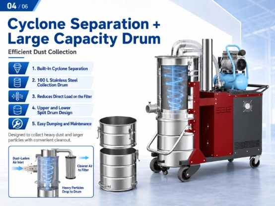 ZY-G7 industrial vacuum cleaner detail picture 4, built-in cyclone separation system with 100L stainless steel split collection drum, reduce filter load, easy dust dumping and maintenance for heavy industrial particles