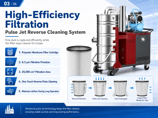 ZY-G7 industrial vacuum cleaner detail picture 3, high efficiency pulse jet reverse cleaning filtration system, 0.3μm polyester membrane filter cartridge with large 25000cm² filter area, automatic self-cleaning filter for fine industrial dust