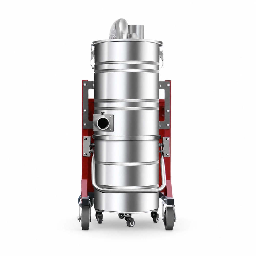 ZY-G7 pulse jet reverse cleaning industrial vacuum cleaner front view with 100L stainless steel collection drum and side suction inlet port