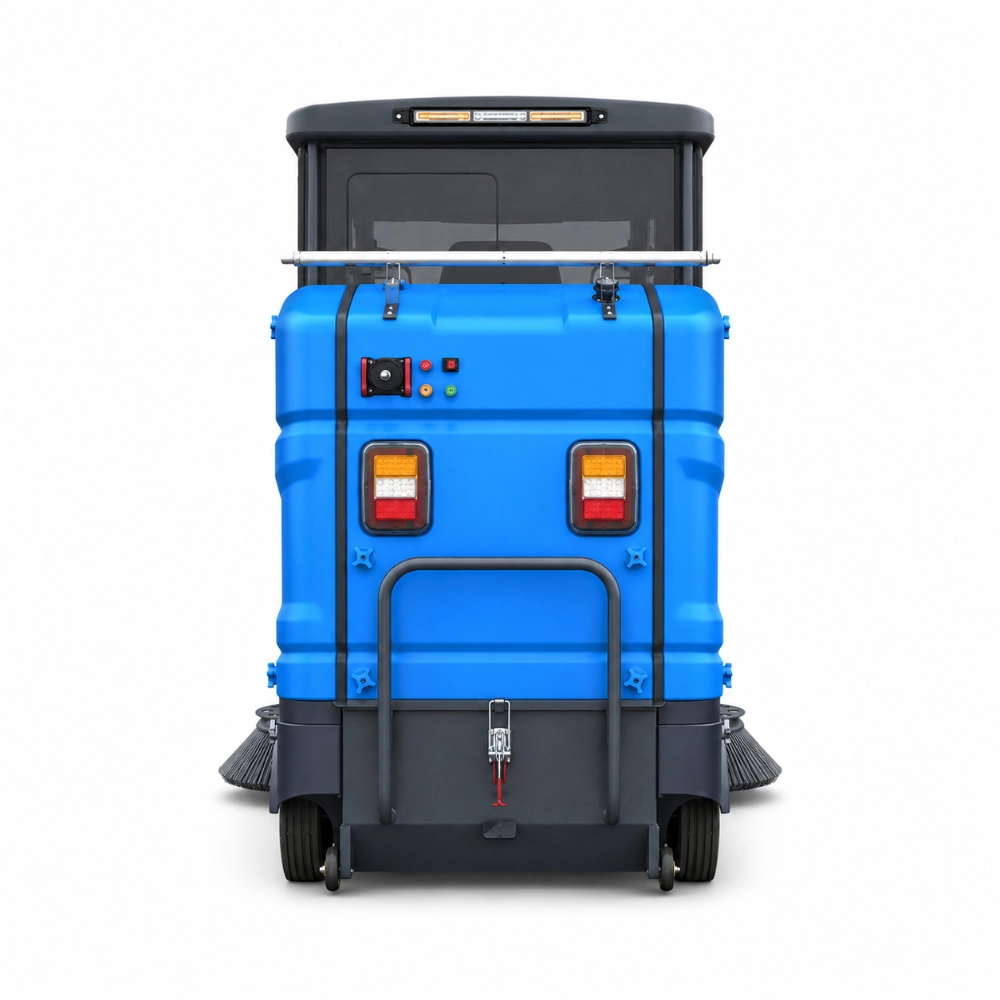 ZY-H60 fully enclosed cabin ride on road sweeper rear straight view with rear control buttons, tail lamps and rear side brushes, battery industrial outdoor street sweeping machine for community park plaza school gas station commercial sanitation cleaning
